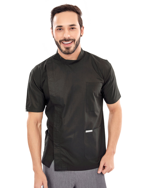 One Nation Half-Sleeve Concealed Button Apron with Chinese Collar Unisex - Black